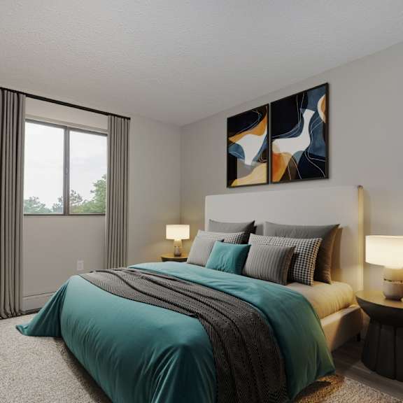 a bedroom with a large bed and a painting on the wall.