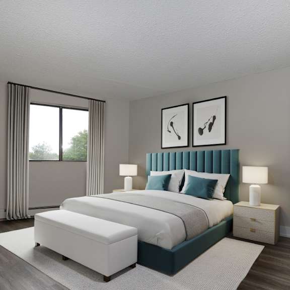 a bedroom with a large bed and a window with curtains.