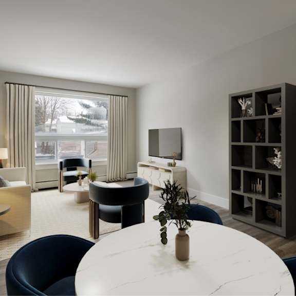 a modern living room with a white table and blue chairs.