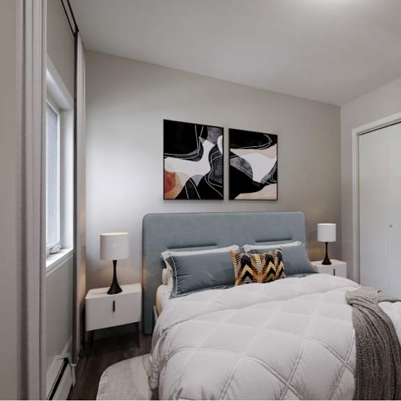 a bedroom with a large bed and a painting on the wall.
