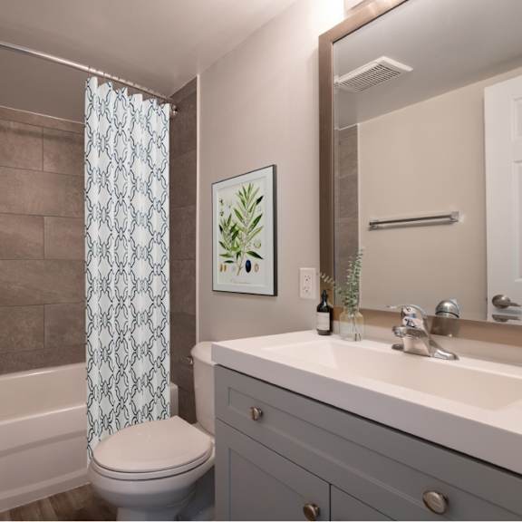 a bathroom with a toilet, sink, and shower.
