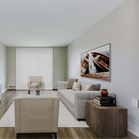 a living room with a couch, a television, and a potted plant.