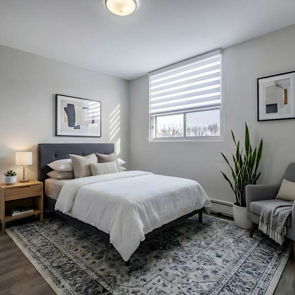 a bedroom with a bed, a chair, and a plant.