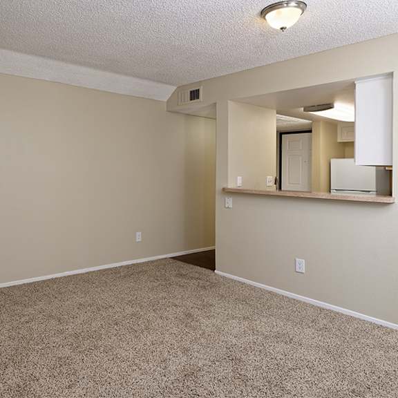 a room with a carpeted floor and a mirror on the wall.