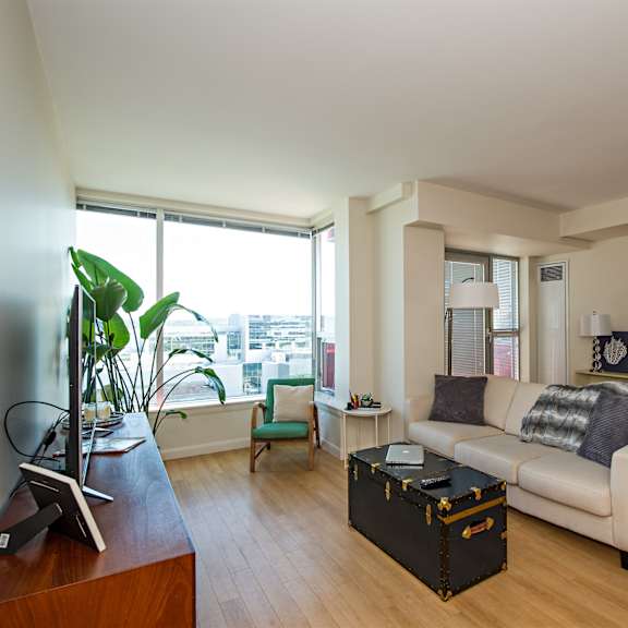 a living room with a couch, a coffee table, and a television.
