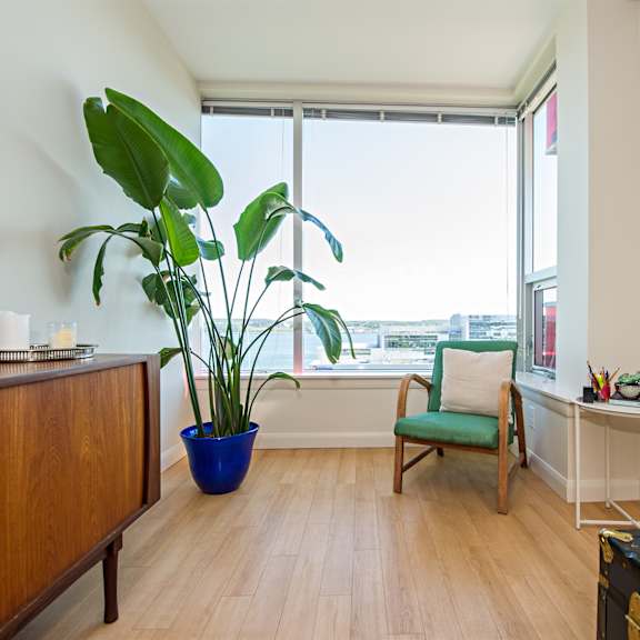 a room with a green chair and a blue pot.