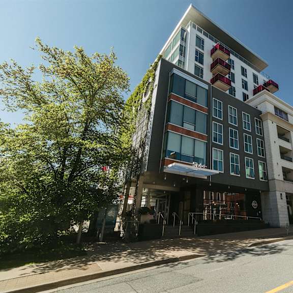 a modern building with a green tree in front of it.