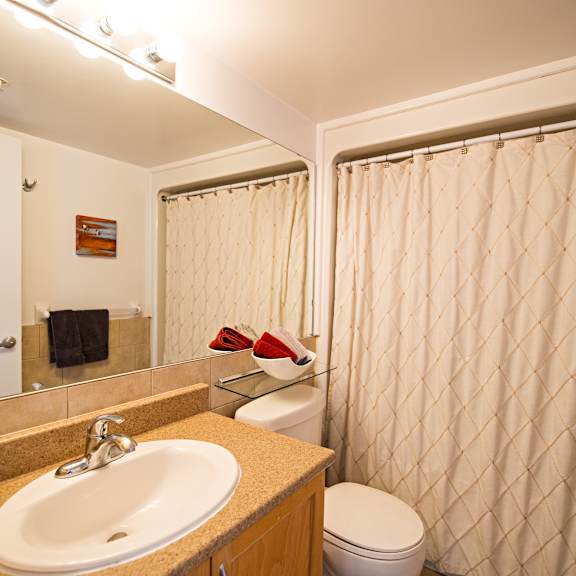 a bathroom with a sink, toilet, and shower curtain.