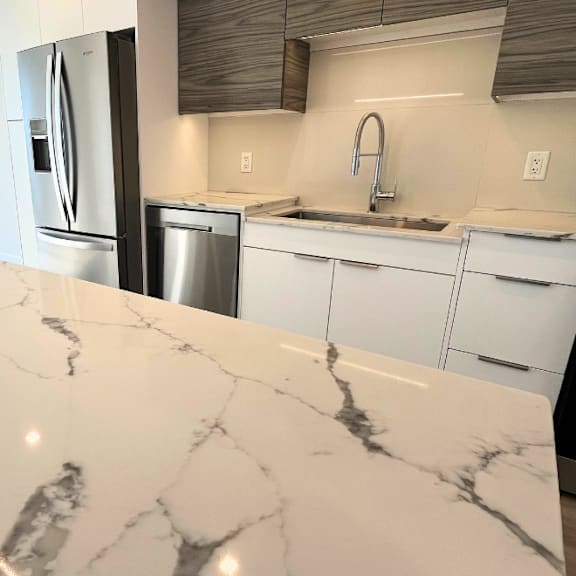 a kitchen with a marble countertop and stainless steel appliances.