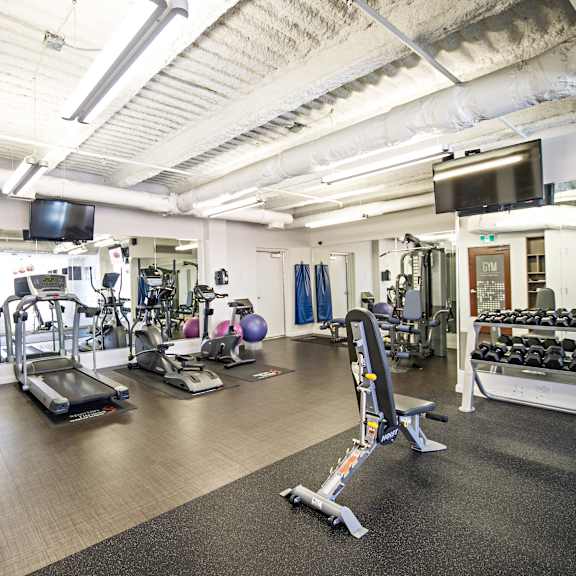 a gym with treadmills, weights and exercise equipment.