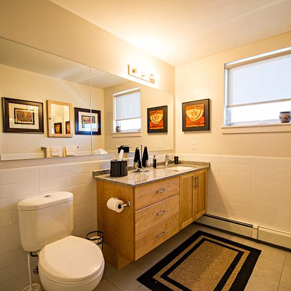 a bathroom with a toilet, sink, and mirror.