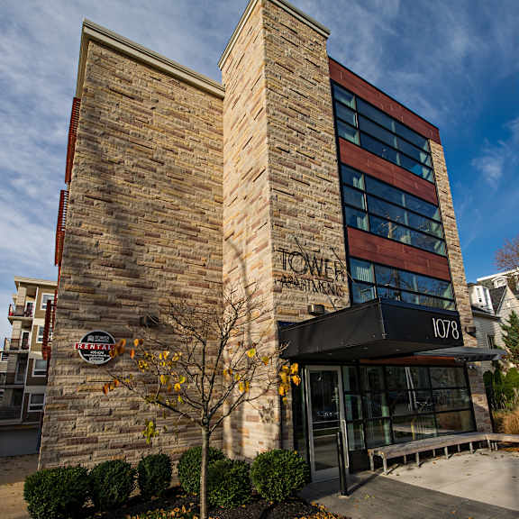 a building with a sign that says "tower banquet" on it.