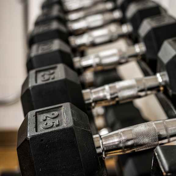 a row of black dumbbells with silver weights on a rack.