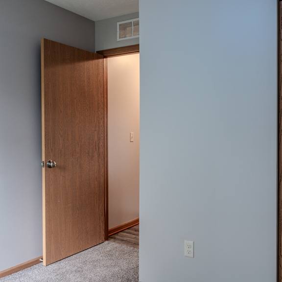 a brown door is in a room with a grey carpet.