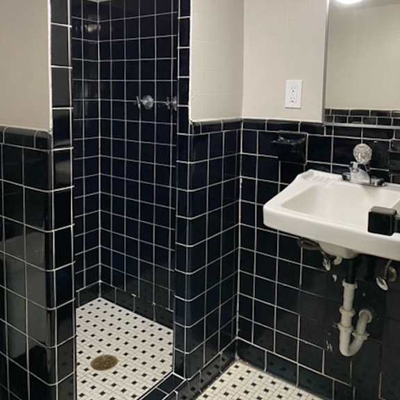 a bathroom with a black tile shower and white sink.