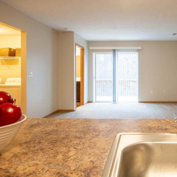 a kitchen with a sink and a bowl of red apples.