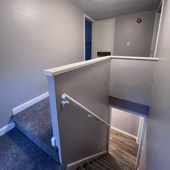 a stairway with a white railing and a grey carpeted stairway.