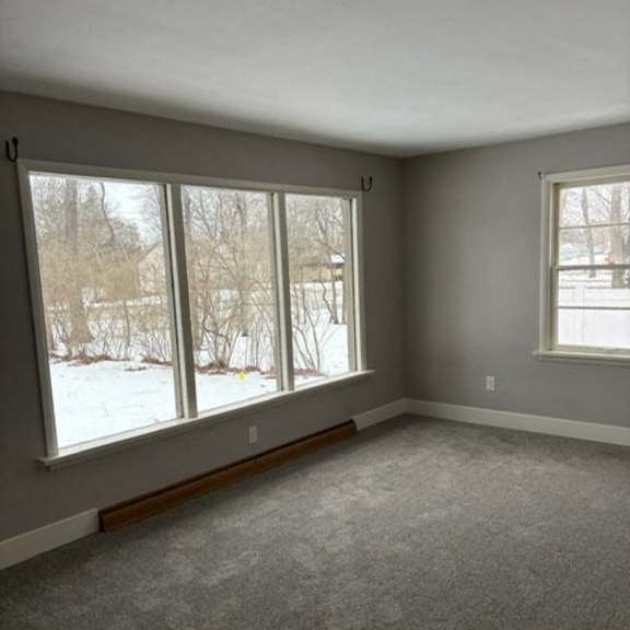 a room with a grey carpet and a window overlooking a snowy landscape.
