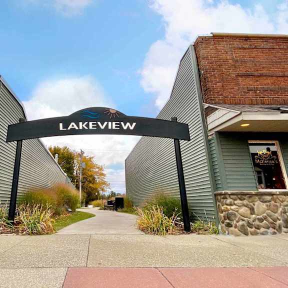 a sign that says lakeview is in front of a building.