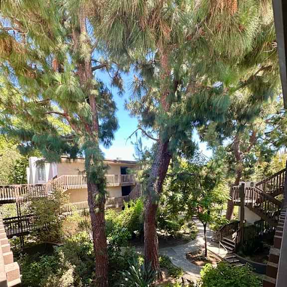 a view from a balcony looking down at a courtyard with trees and plants.