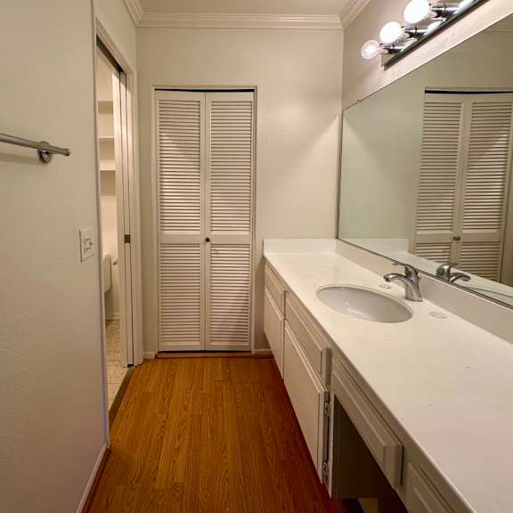a bathroom with a white sink and a mirror.