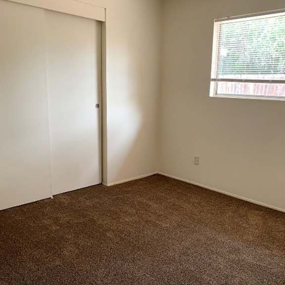 a room with a brown carpet and a white door.