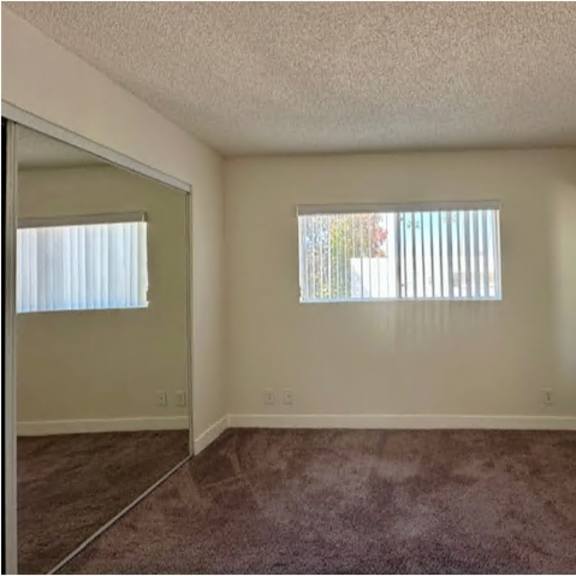 a room with a carpeted floor and two windows.