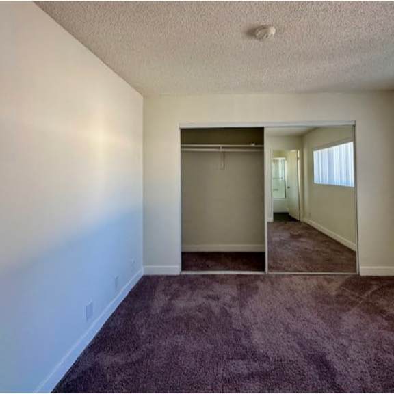 a bedroom with a purple carpet and a large closet.