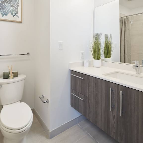 a white toilet sits next to a bathroom sink.