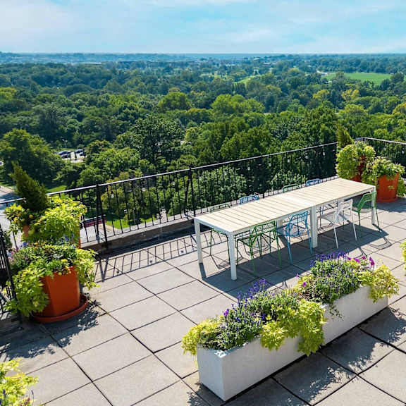 a patio with a table and chairs overlooking a forest.