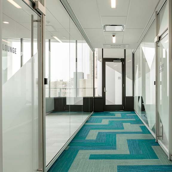 a hallway with glass walls and a blue carpet.