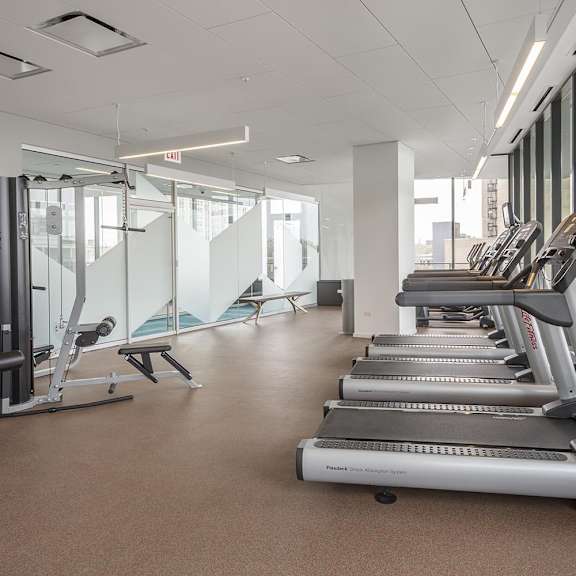 a gym with treadmills and exercise equipment.