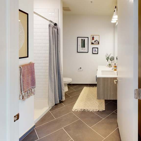 a bathroom with a toilet, sink, and a rug on the floor.
