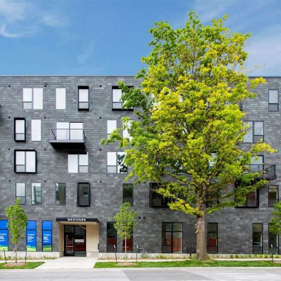 a grey building with a tree in front of it.