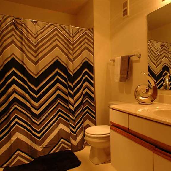 a bathroom with a chevron shower curtain and a white toilet.