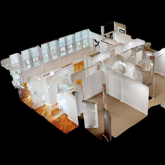 a 3d image of a white building with a black background.