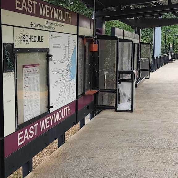 a train station platform for east weymouth.