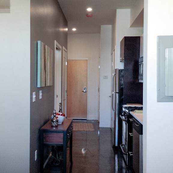 a hallway with a door on the right and a plant on the left.