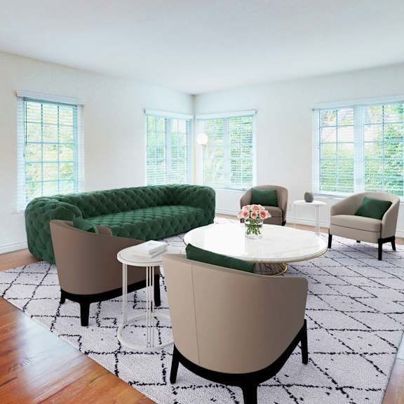 a living room with a green sofa and a white table at sunset barrington gardens, los angeles, 90049