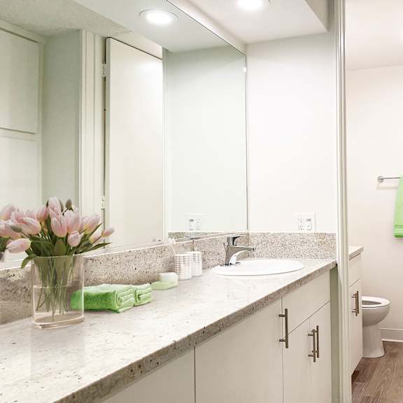 a bathroom with a sink and a toilet and a mirror  at casa granada, los angeles