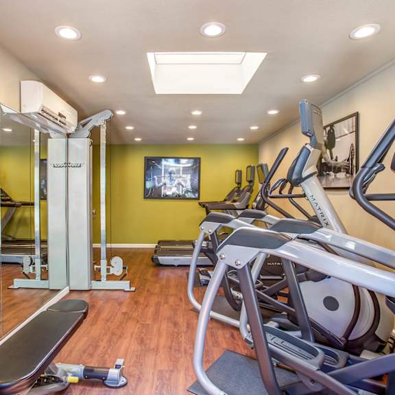 a gym with cardio equipment and a tv on the wall at valley plaza villages, pleasanton, ca