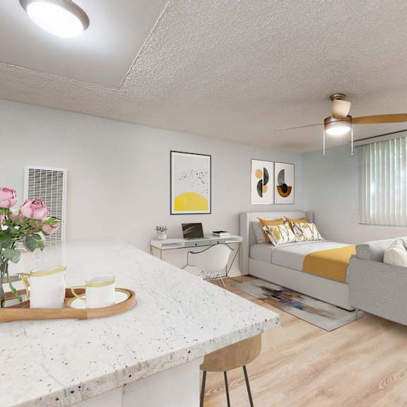 a living room with a kitchen and a bed at casa granada, los angeles, ca, 90049
