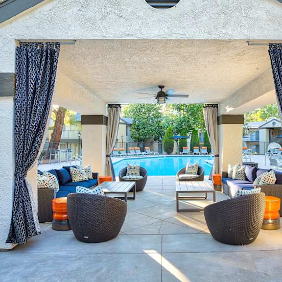 a patio with a pool and furniture at mountain vista, victorville, ca