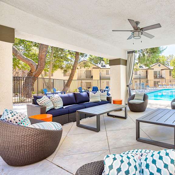 a patio with a pool and furniture at mountain vista, victorville, ca