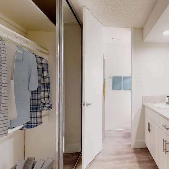 bathroom and closet space  at mediterranean village west hollywood, california, 90069