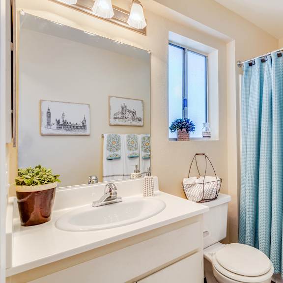 a bathroom with a white sink, toilet, and blue shower curtain at mountain vista, victorville, ca