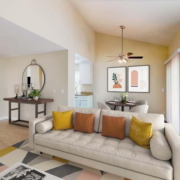 a living room with a white couch and a rug on the floor at valley plaza villages, california, 94566
