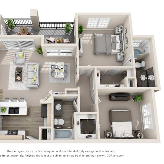 Thumbnail 1 of 2 3D two bedroom two bathroom apartment layout at Legends on the Green Apartments, Texas, 78232