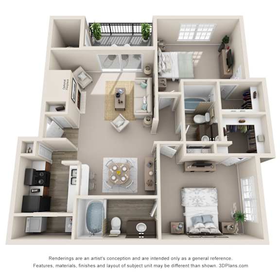 Thumbnail 1 of 2 3D floor plan with two bedrooms and walk-in closets at TalaVera Apartments, San Antonio