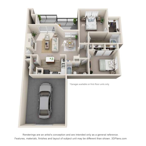 Thumbnail 1 of 2 Two bedroom 3D floor plan with garage at TalaVera Apartments, Texas